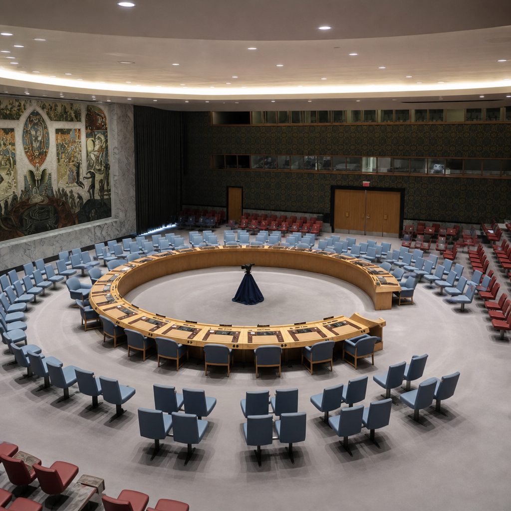 An empty international assembly chamber