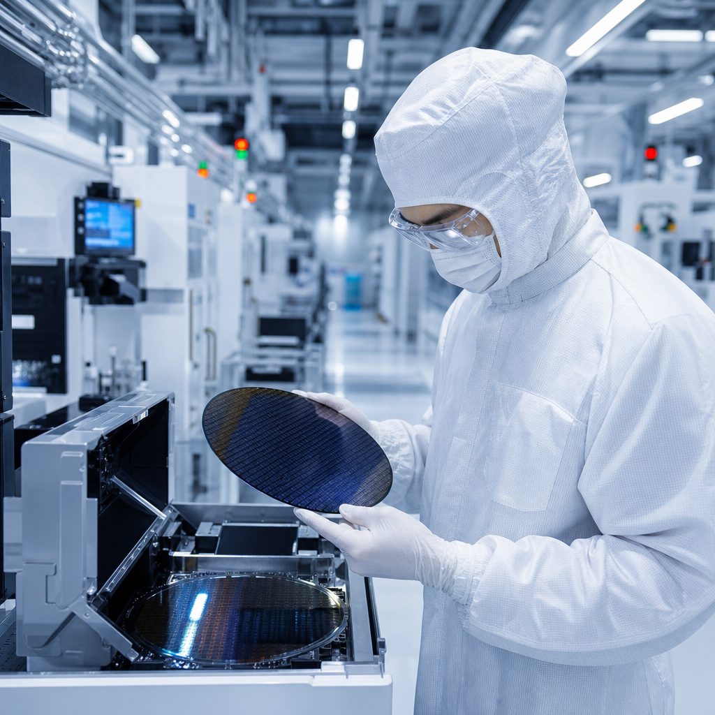 A technician in a clean-room suit inspecting a silicon wafer in a semiconductor fabrication facility