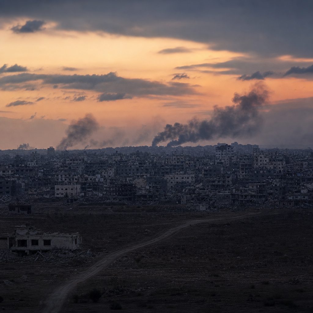 A distant war-affected cityscape at dusk