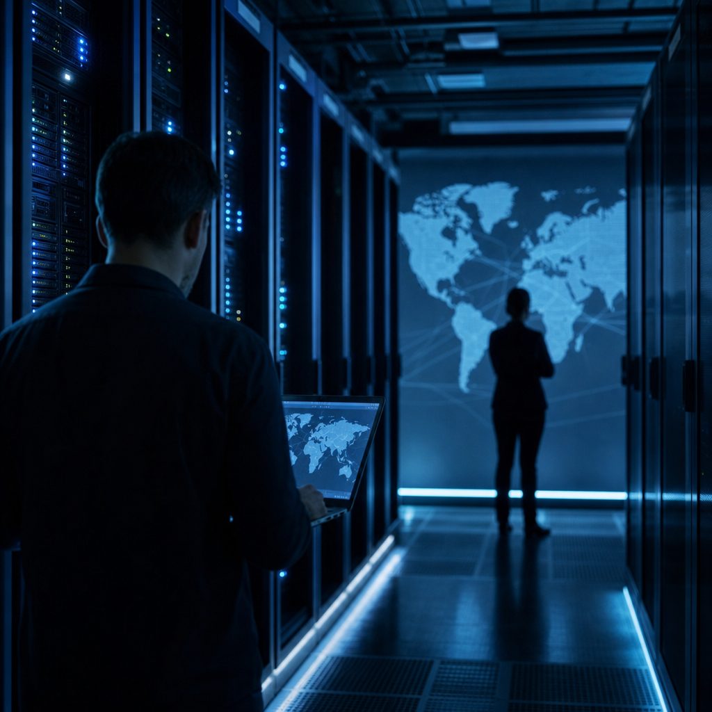 A data centre corridor with a world map display