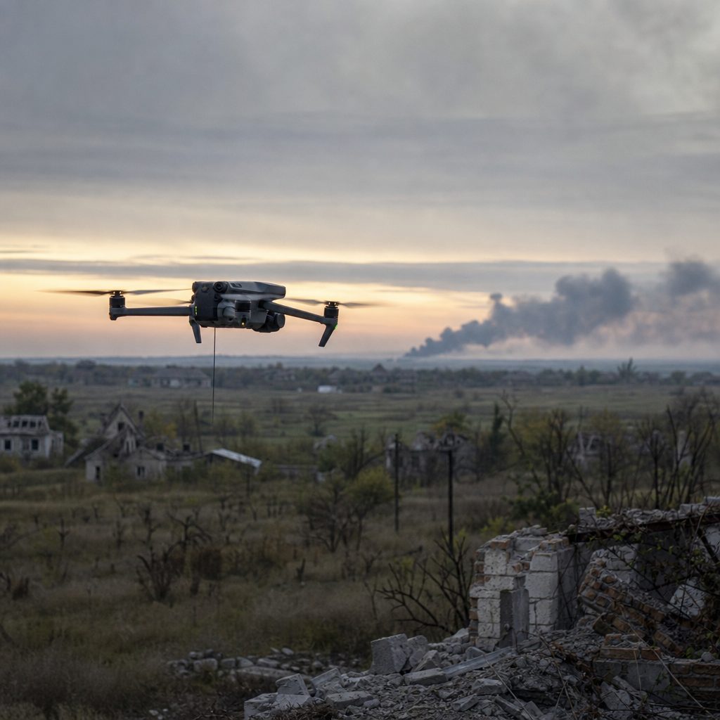 A small reconnaissance drone flying over a war-damaged landscape