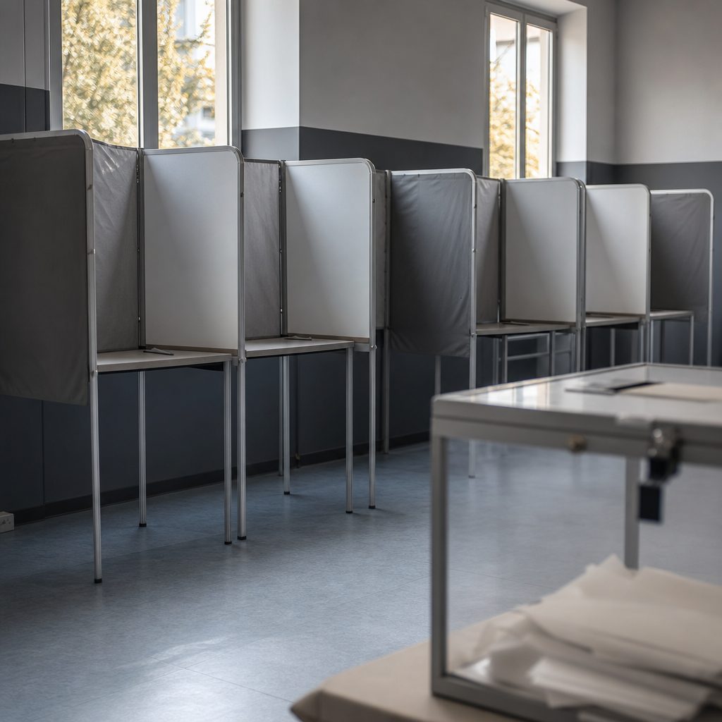 A row of empty voting booths in a polling station with a ballot box in the foreground