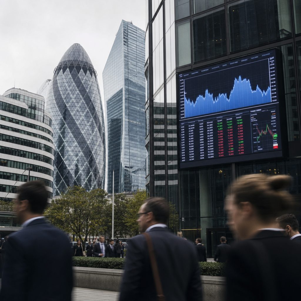 A financial district skyline with a large market ticker board and business people walking