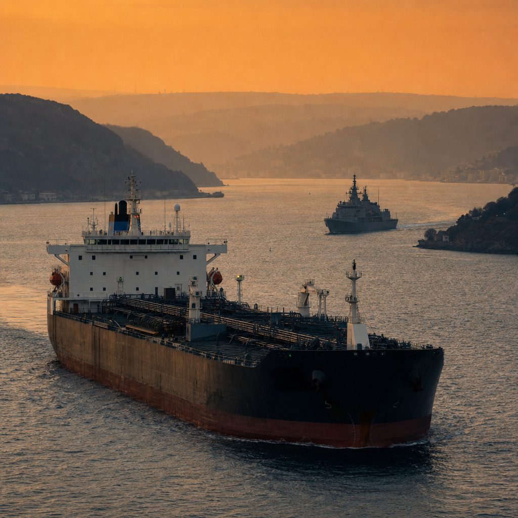 An oil tanker navigating a narrow strait at dusk