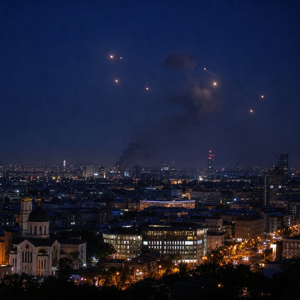A night skyline with air-defence tracer lights in the distance