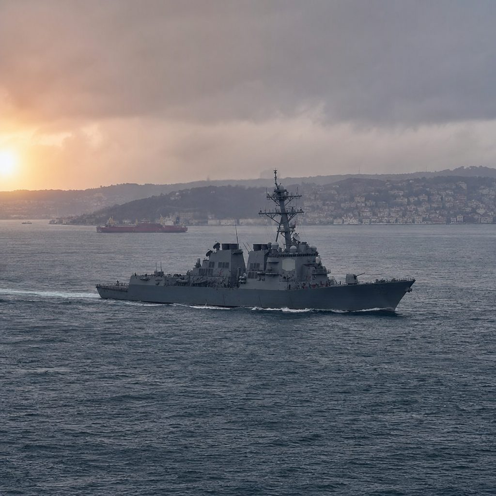 A naval destroyer patrolling a strait at dawn with a commercial ship on the horizon